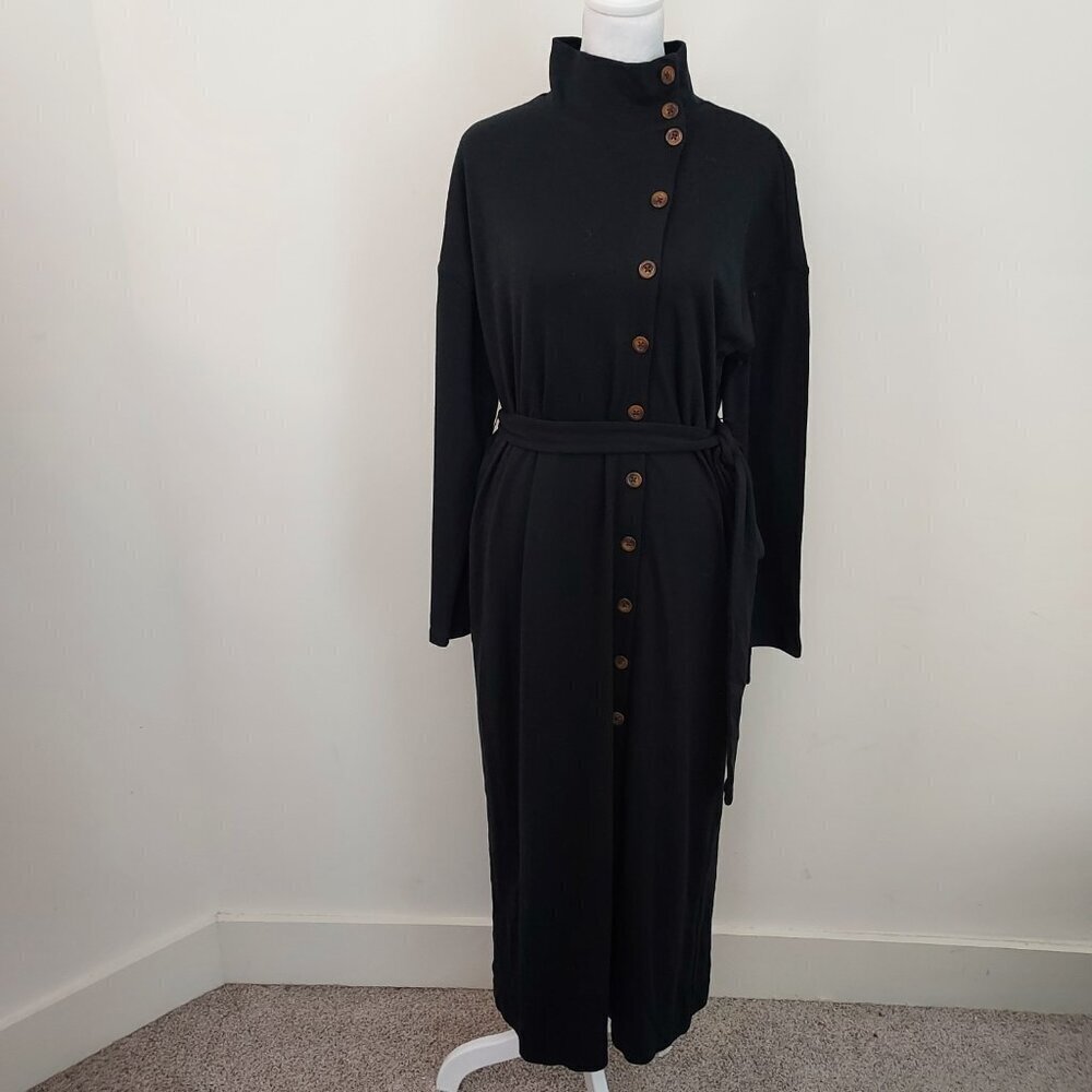 Ann Taylor Mock Neck Side Button Long Sleeve Black Midi Dress Size Medium - Picture 6 of 10
